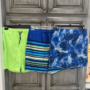 Lands' End Boys Swim Trunks - Neon Green, Blue Stripe & Blue Camo (3-Pack)